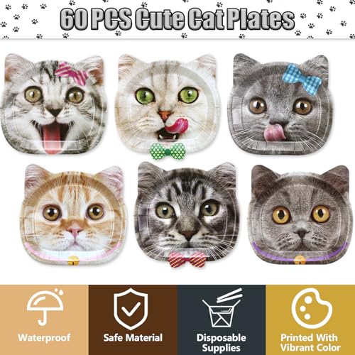 60 Real Cat Paper Plates for Birthday Party - Cute Cat Patterns, Disposable, 6 Designs
