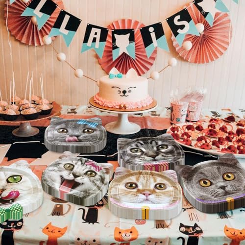 60 Real Cat Paper Plates for Birthday Party - Cute Cat Patterns, Disposable, 6 Designs