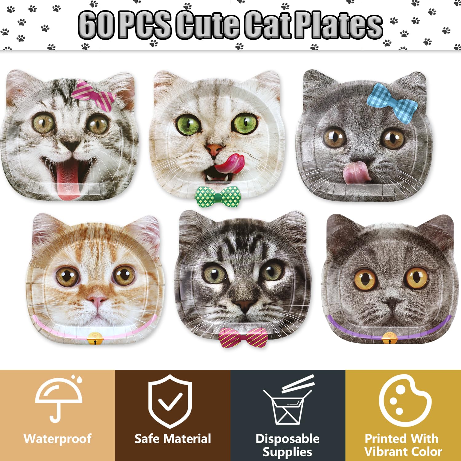 60 Real Cat Paper Plates for Birthday Party - Cute Cat Patterns, Disposable, 6 Designs
