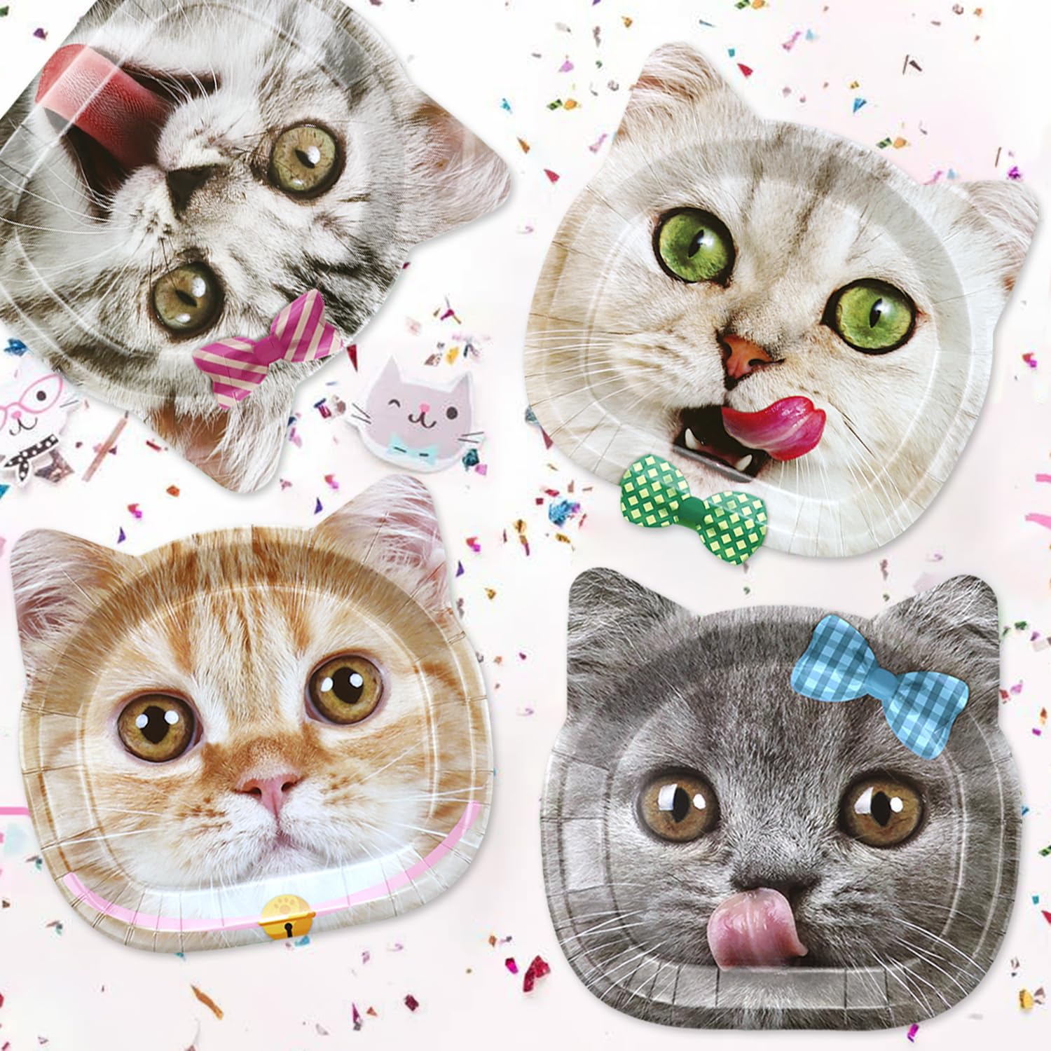 60 Real Cat Paper Plates for Birthday Party - Cute Cat Patterns, Disposable, 6 Designs