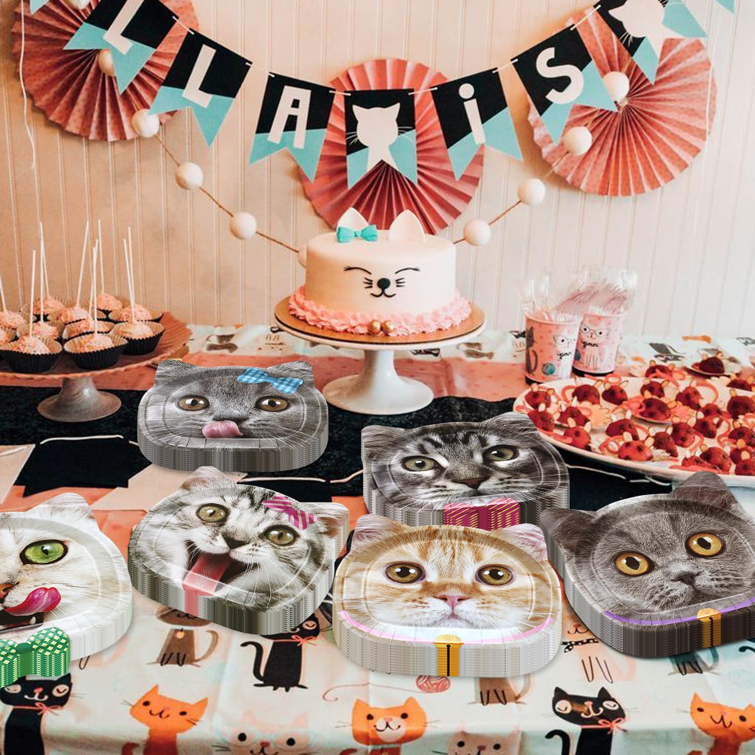 60 Real Cat Paper Plates for Birthday Party - Cute Cat Patterns, Disposable, 6 Designs