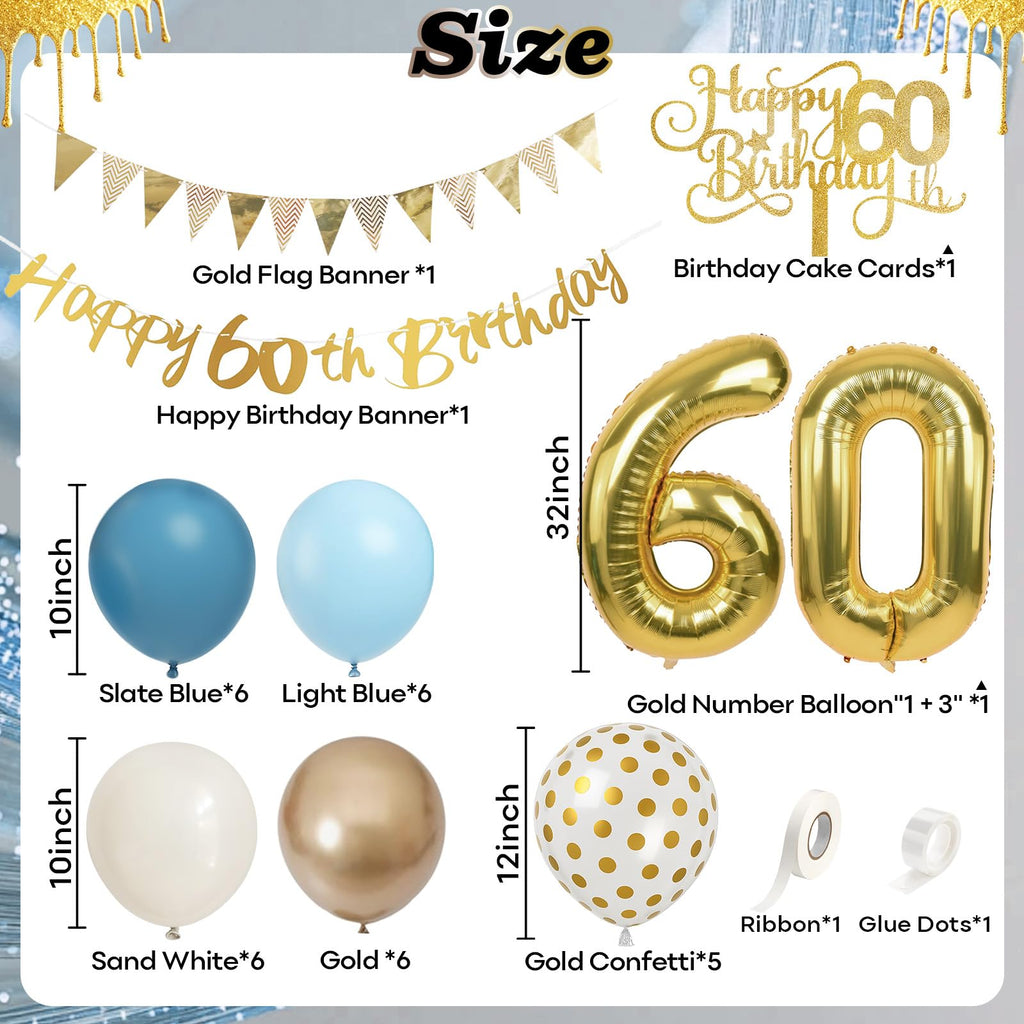 60th Birthday Decorations Dusty Blue Gold Set – 36 Pieces with Banner, Bunting, Balloons & Cake Topper