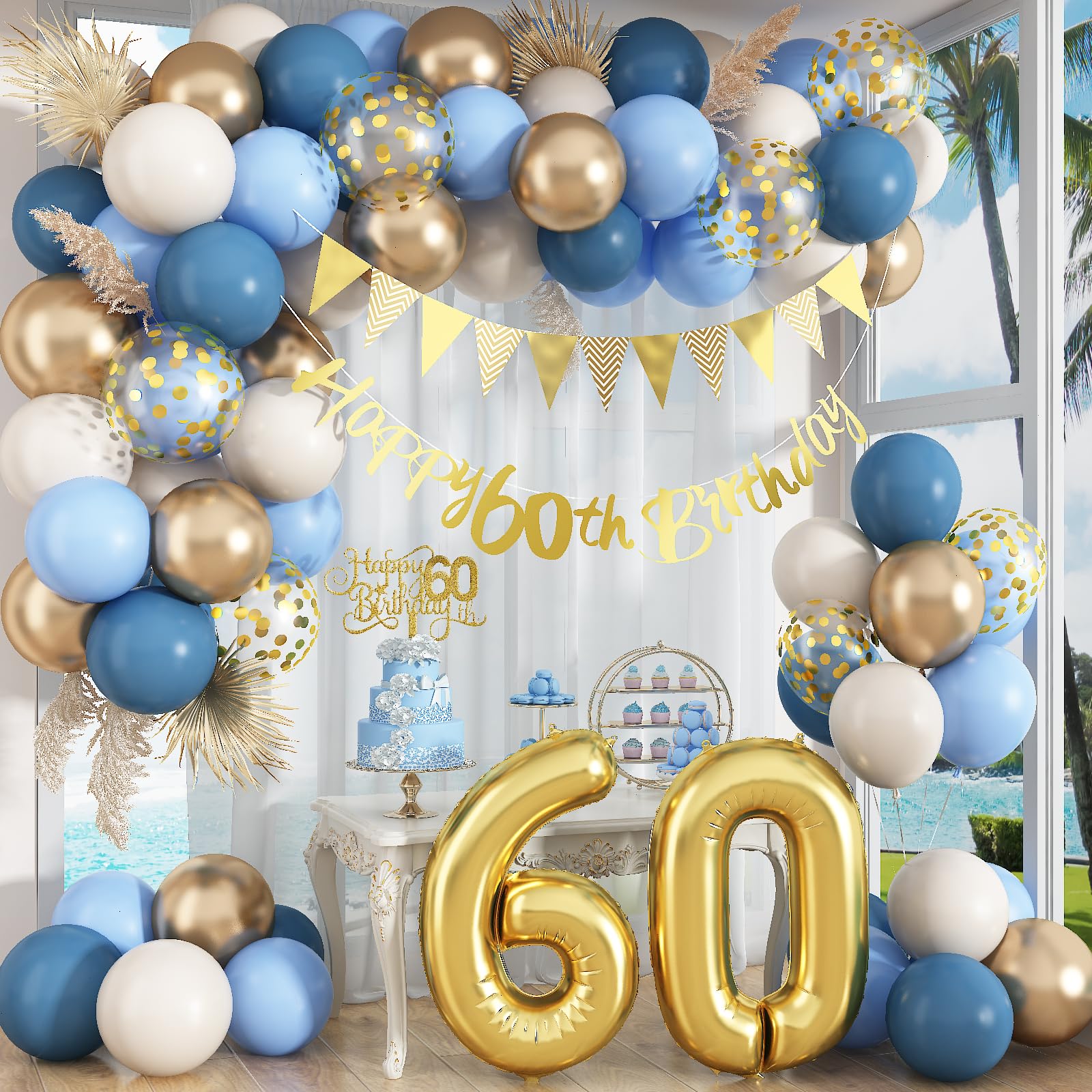 60th Birthday Decorations Dusty Blue Gold Set – 36 Pieces with Banner, Bunting, Balloons & Cake Topper