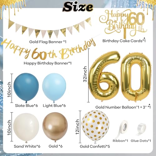 60th Birthday Decorations Dusty Blue Gold Set – 36 Pieces with Banner, Bunting, Balloons & Cake Topper