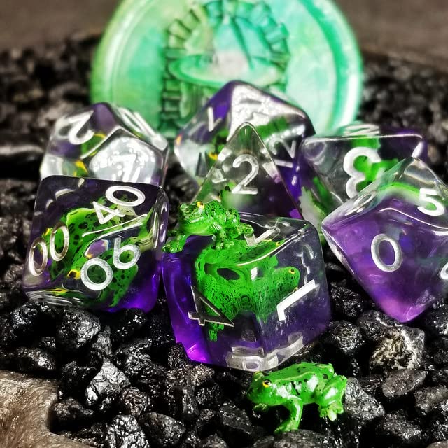 Sage's Portal Frog Familiar Resin Polyhedral Dice Set – D&D RPG Dice with Green Frog Inclusions