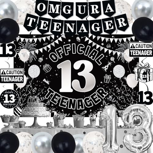 TAOTOSUNE 13th Birthday Decorations Kit for Teens – Black White Silver Theme with Banner, Backdrop, Foil Balloons, and More
