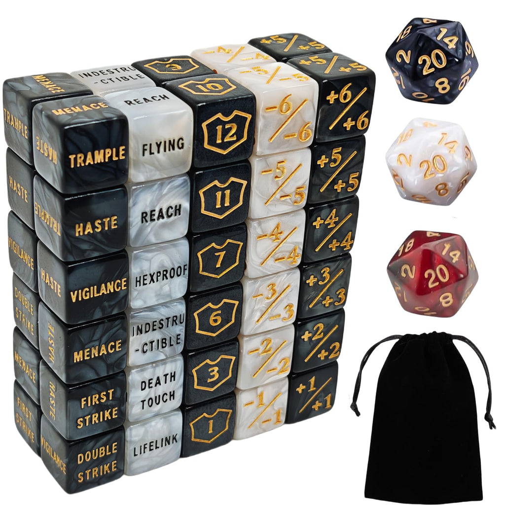 63-Piece MTG Counter Dice Set: Keyword Dice, +/- Counters, Shield Dice & D20 – Acrylic Marble Dice for Magic: The Gathering & TCGs
