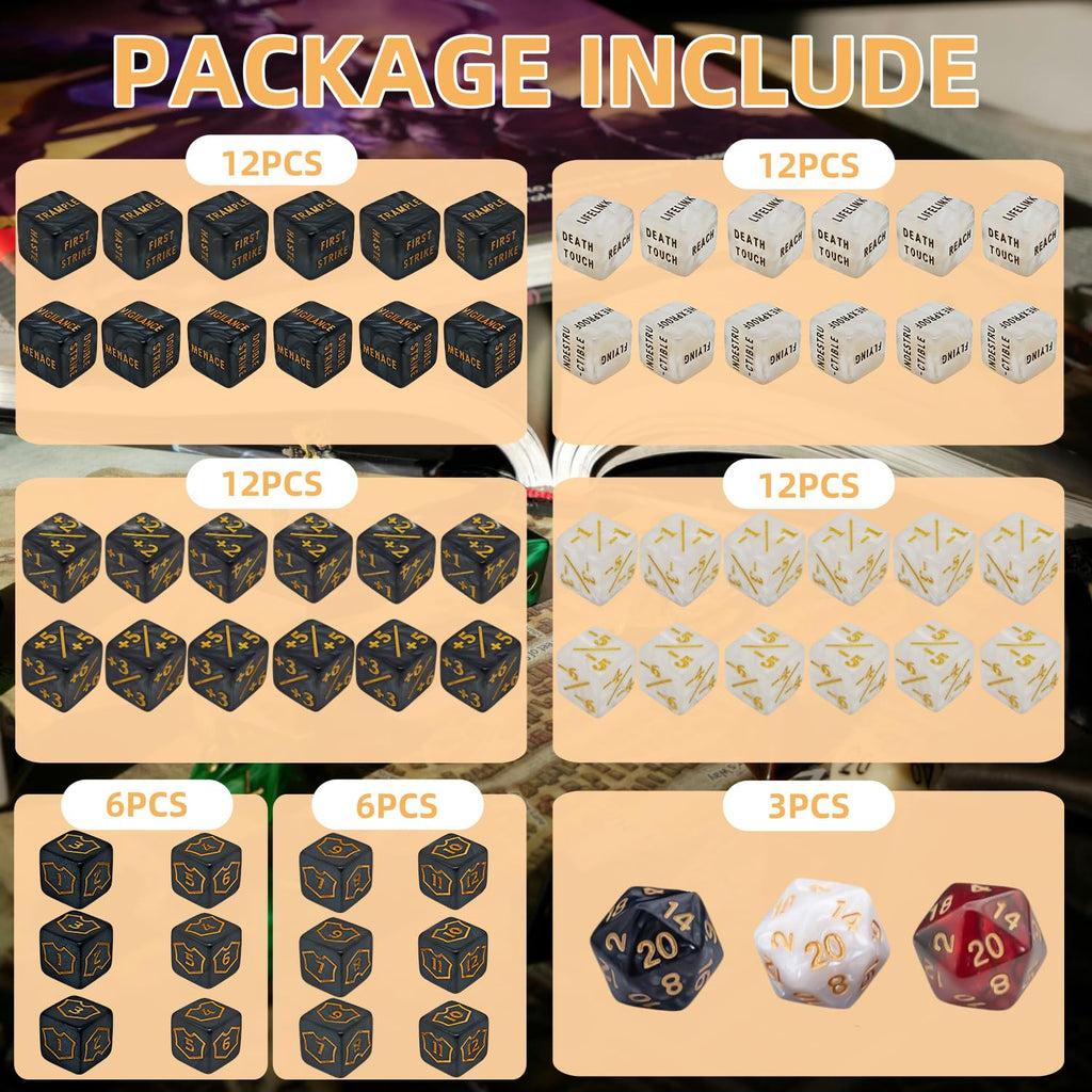 63-Piece MTG Counter Dice Set: Keyword Dice, +/- Counters, Shield Dice & D20 – Acrylic Marble Dice for Magic: The Gathering & TCGs