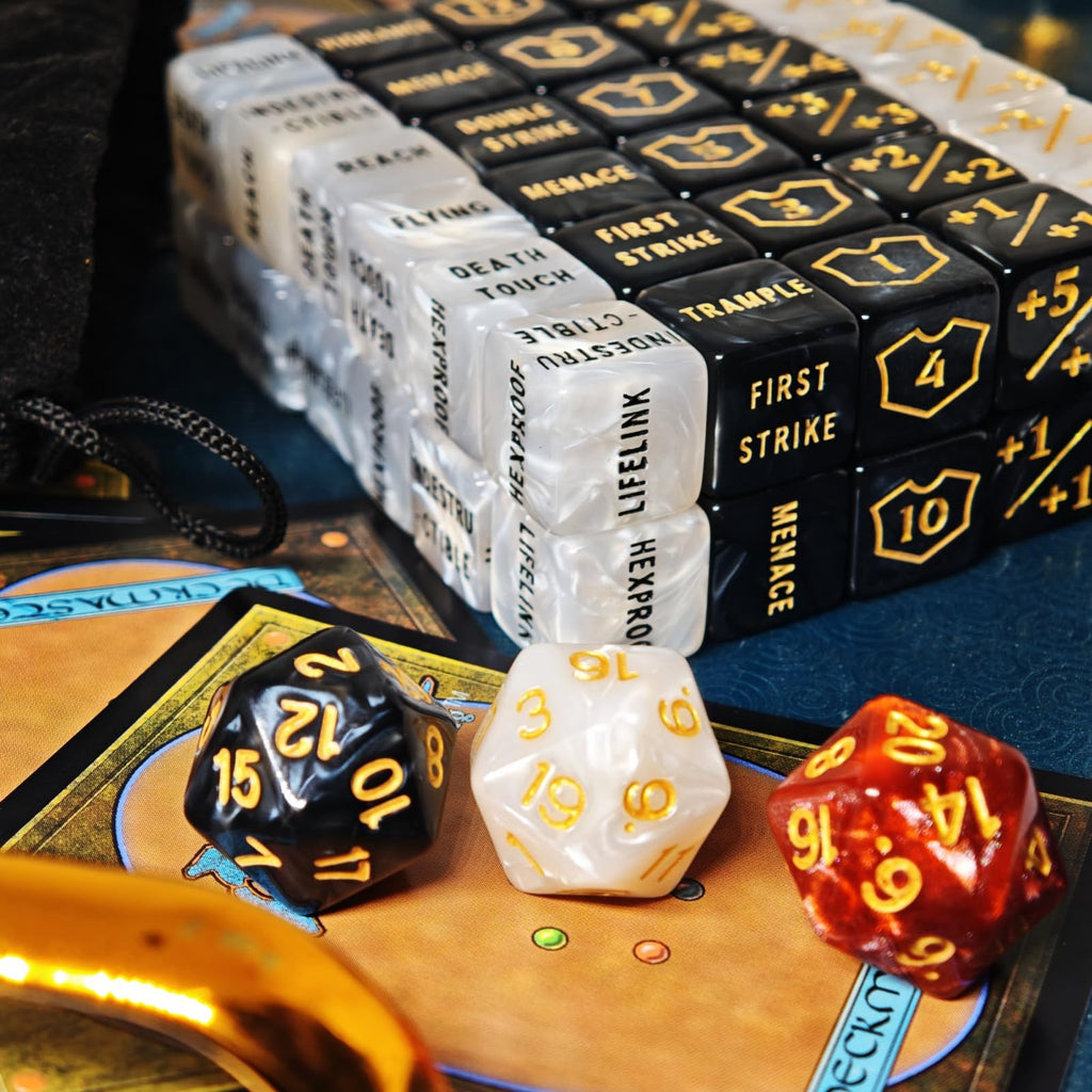 63-Piece MTG Counter Dice Set: Keyword Dice, +/- Counters, Shield Dice & D20 – Acrylic Marble Dice for Magic: The Gathering & TCGs