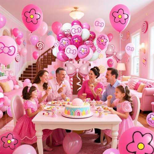 64-Pack Pink Bow & Confetti Balloons - 12 Inch Cartoon Birthday Party Decorations
