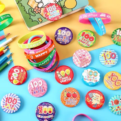 64-Piece 100th Day of School Party Favors: 32 Badge Pins and 32 Silicone Bracelets for Classroom Celebrations