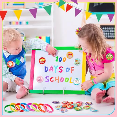 64-Piece 100th Day of School Party Favors: 32 Badge Pins and 32 Silicone Bracelets for Classroom Celebrations