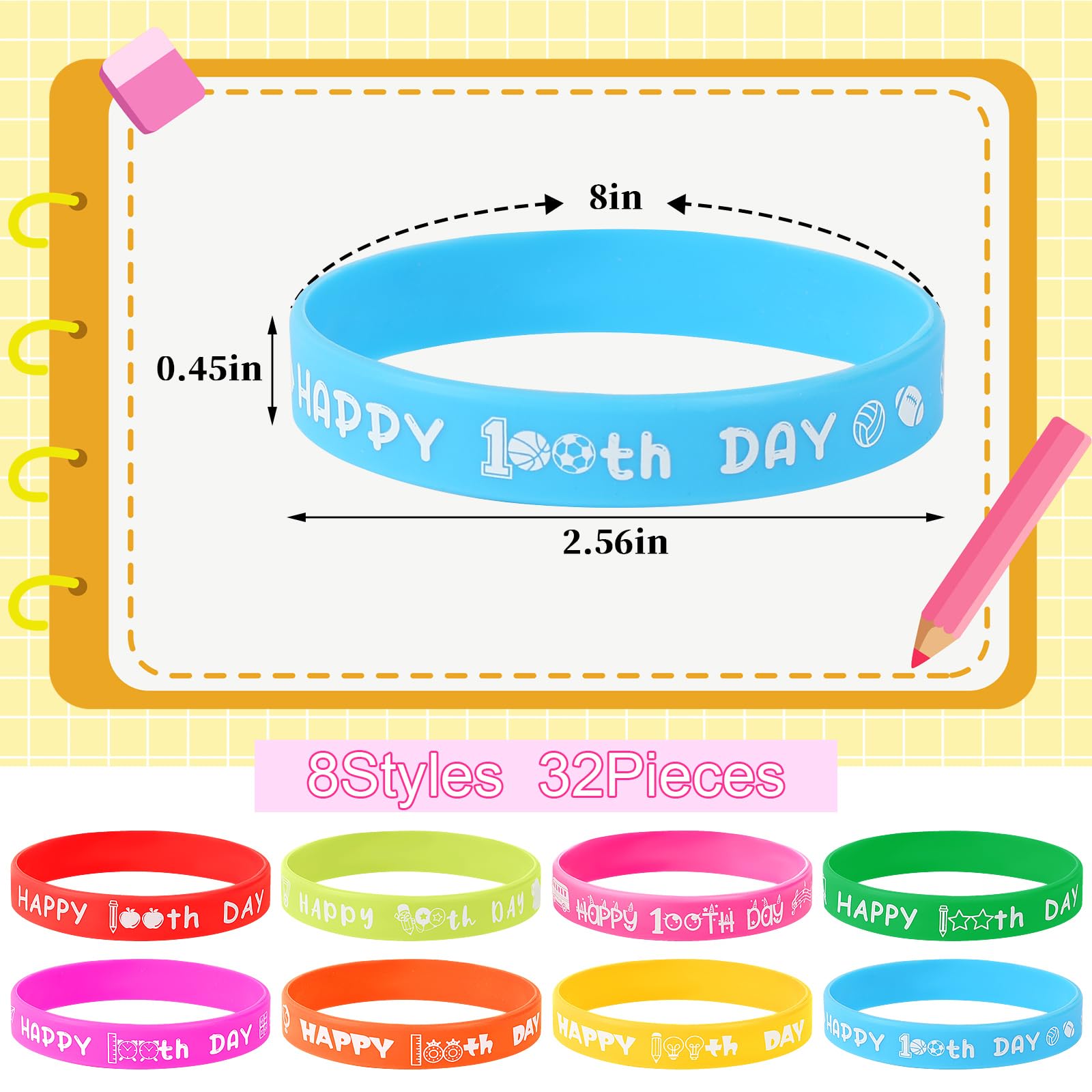 64-Piece 100th Day of School Party Favors: 32 Badge Pins and 32 Silicone Bracelets for Classroom Celebrations
