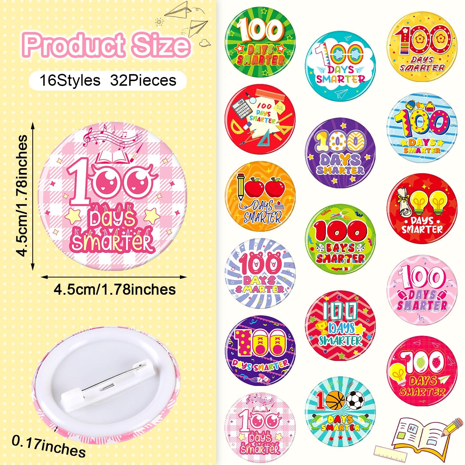 64-Piece 100th Day of School Party Favors: 32 Badge Pins and 32 Silicone Bracelets for Classroom Celebrations
