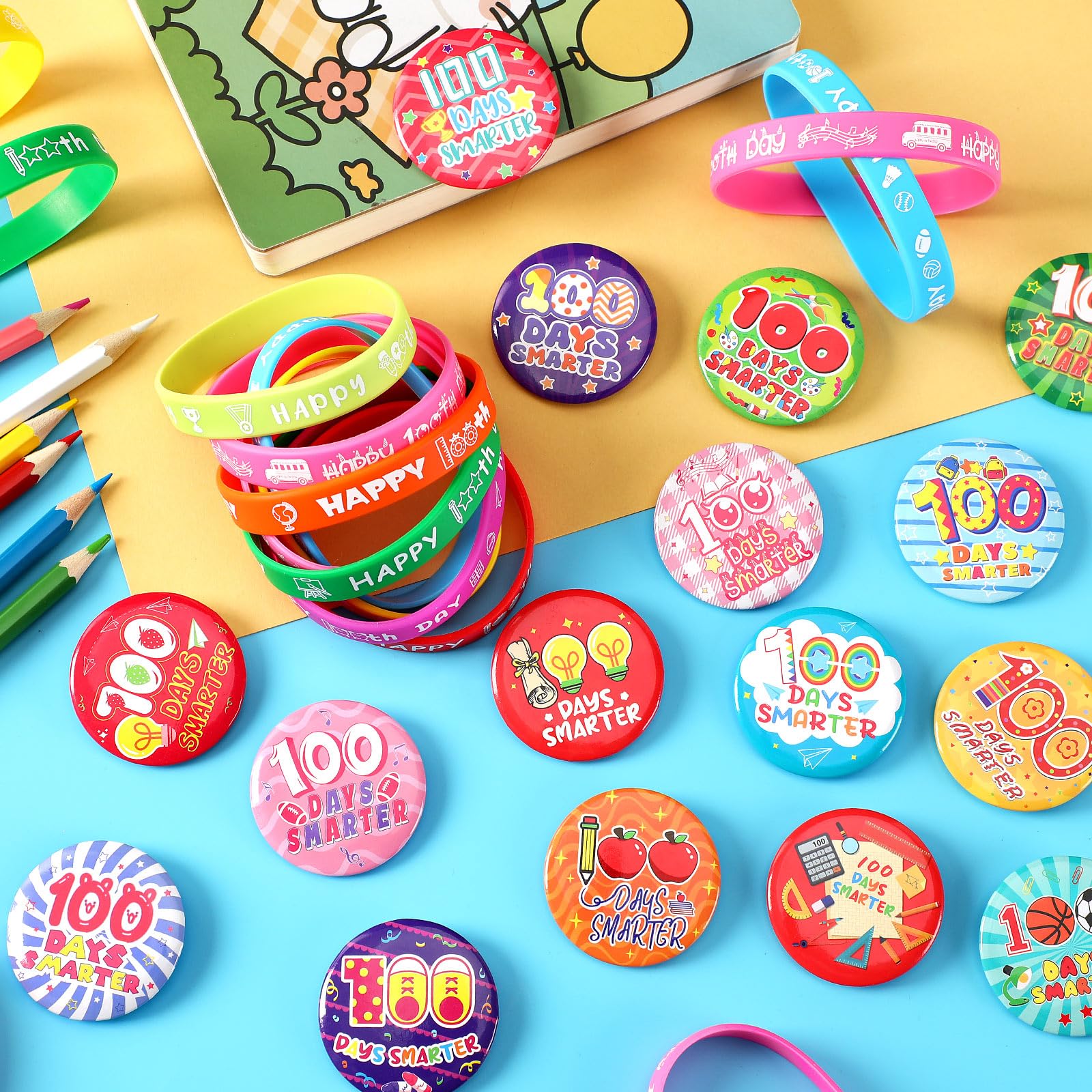 64-Piece 100th Day of School Party Favors: 32 Badge Pins and 32 Silicone Bracelets for Classroom Celebrations