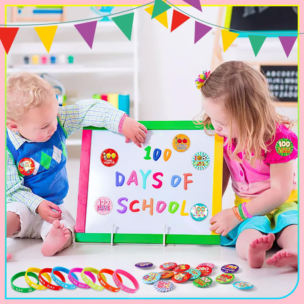 64-Piece 100th Day of School Party Favors: 32 Badge Pins and 32 Silicone Bracelets for Classroom Celebrations