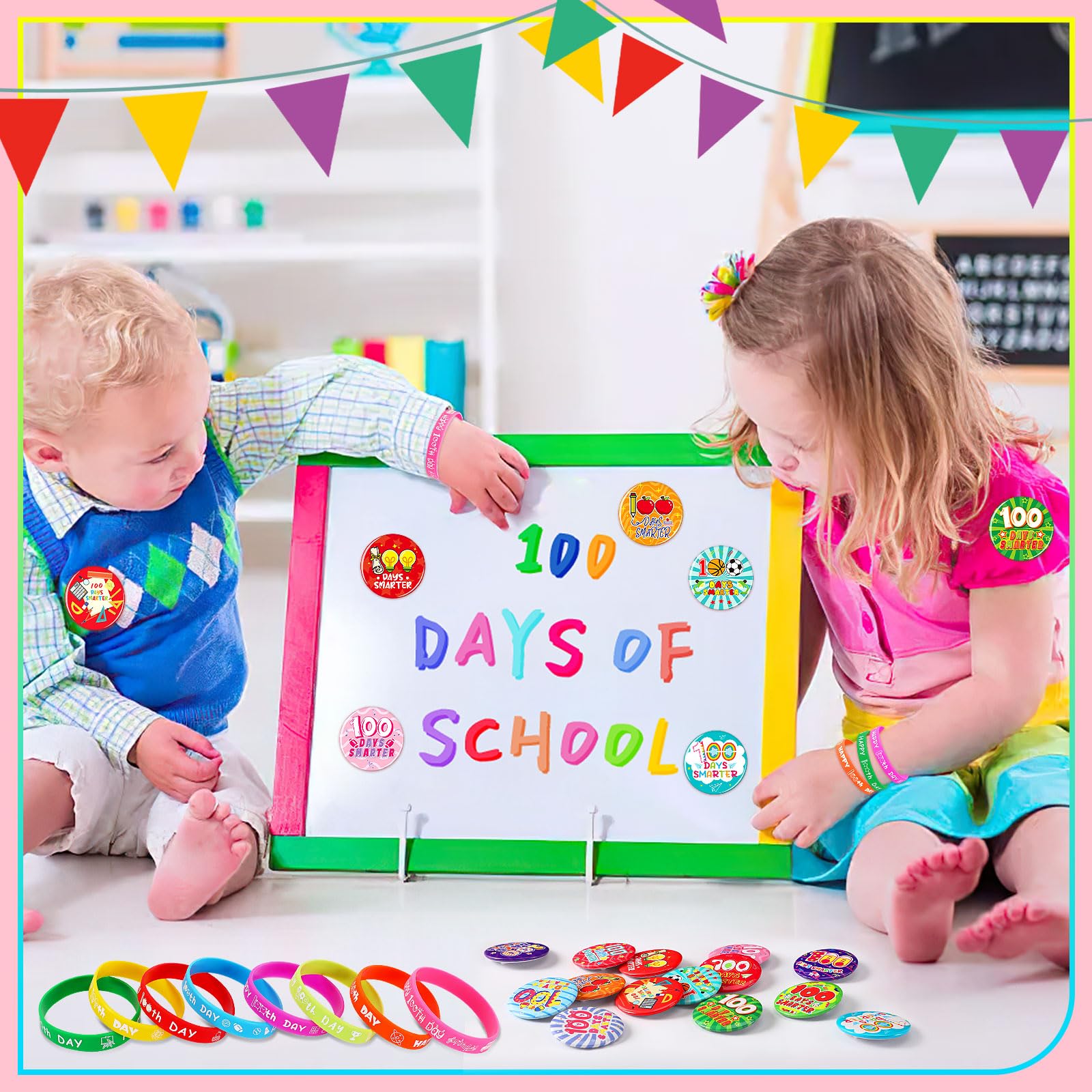 64-Piece 100th Day of School Party Favors: 32 Badge Pins and 32 Silicone Bracelets for Classroom Celebrations