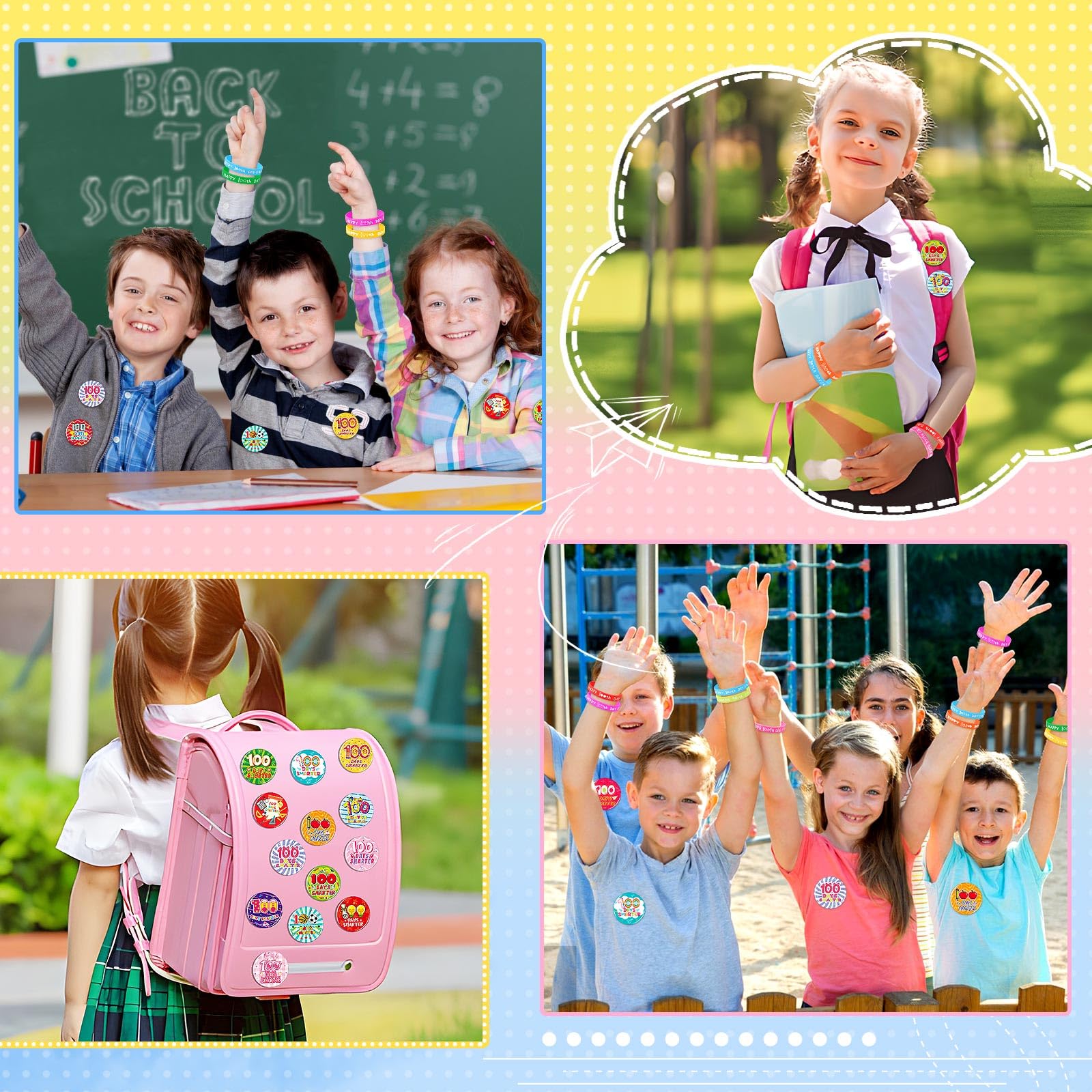 64-Piece 100th Day of School Party Favors: 32 Badge Pins and 32 Silicone Bracelets for Classroom Celebrations