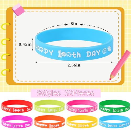 64-Piece 100th Day of School Party Favors: 32 Badge Pins and 32 Silicone Bracelets for Classroom Celebrations