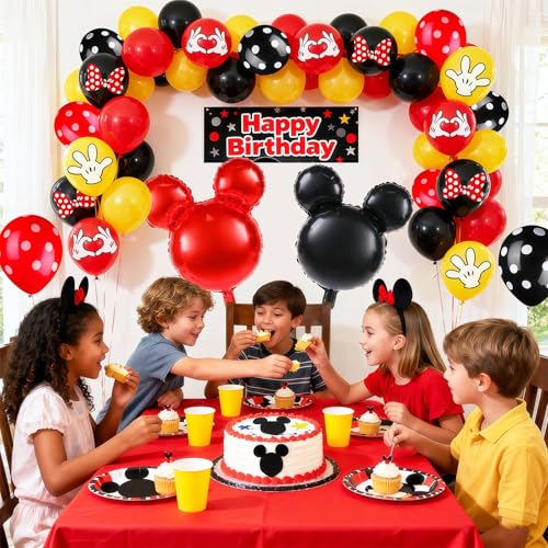 64-Piece Cartoon Themed Balloon Kit - Black Red Yellow 12 Inch Latex Balloons with Mouse Foil Balloons for Birthday Party Decorations