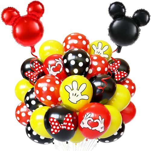 64-Piece Cartoon Themed Balloon Kit - Black Red Yellow 12 Inch Latex Balloons with Mouse Foil Balloons for Birthday Party Decorations