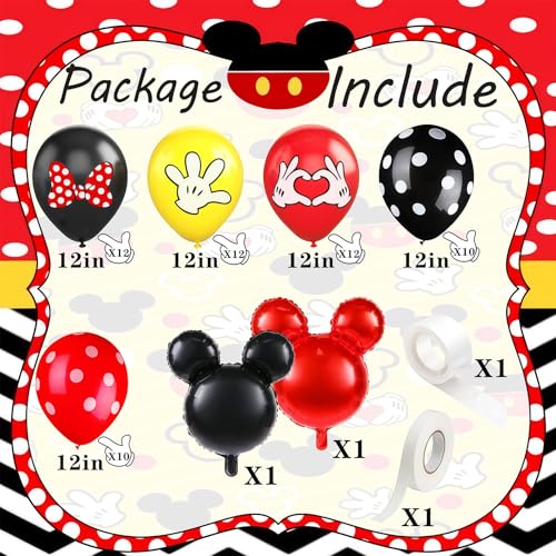 64-Piece Cartoon Themed Balloon Kit - Black Red Yellow 12 Inch Latex Balloons with Mouse Foil Balloons for Birthday Party Decorations