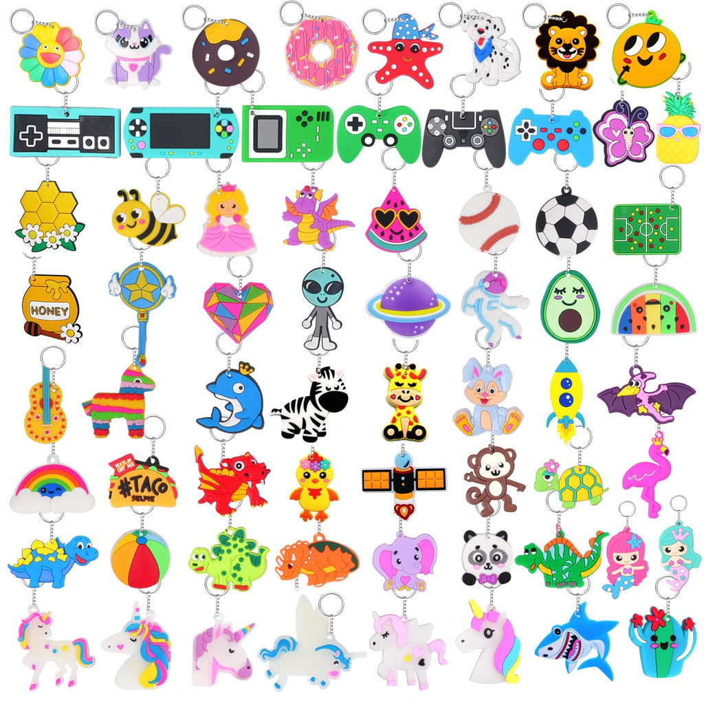 65 Large Keychain Charms Party Favors for Kids - Video Game, Animal, Mermaid, Dinosaur, Ball, Donut, Fruit Themes