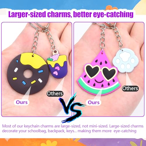 65 Large Keychain Charms Party Favors for Kids - Video Game, Animal, Mermaid, Dinosaur, Ball, Donut, Fruit Themes