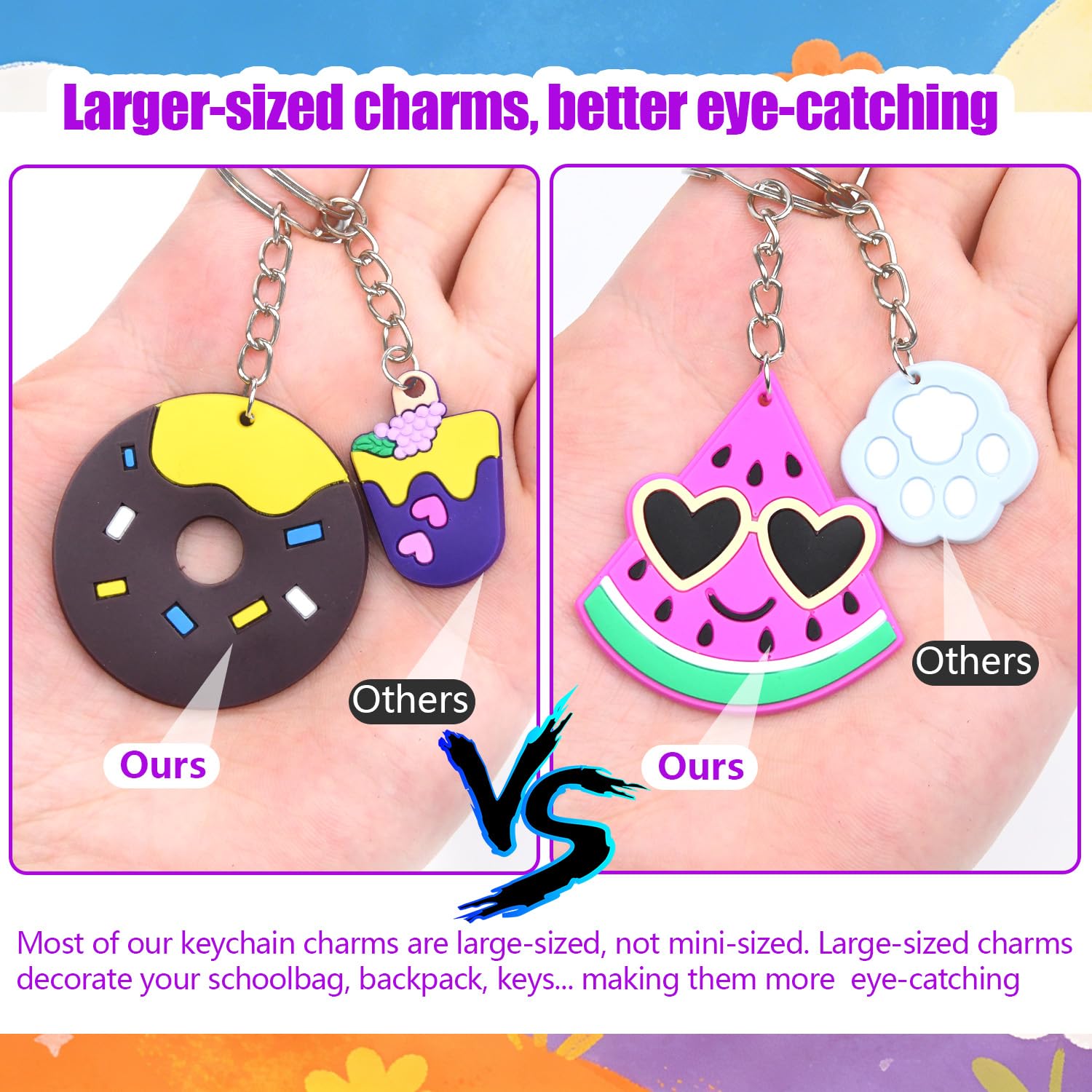 65 Large Keychain Charms Party Favors for Kids - Video Game, Animal, Mermaid, Dinosaur, Ball, Donut, Fruit Themes