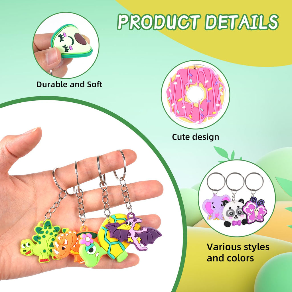 65 Large Keychain Charms Party Favors for Kids - Video Game, Animal, Mermaid, Dinosaur, Ball, Donut, Fruit Themes