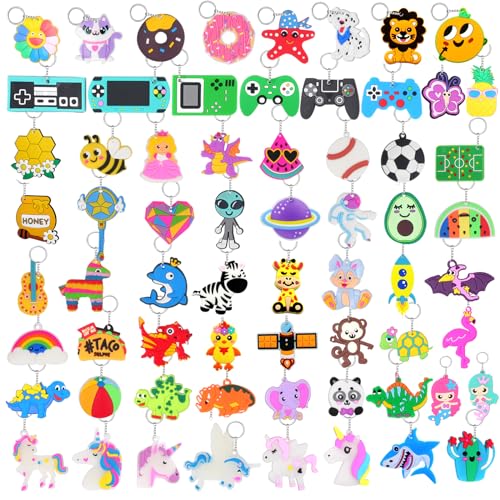 65 Large Keychain Charms Party Favors for Kids - Video Game, Animal, Mermaid, Dinosaur, Ball, Donut, Fruit Themes