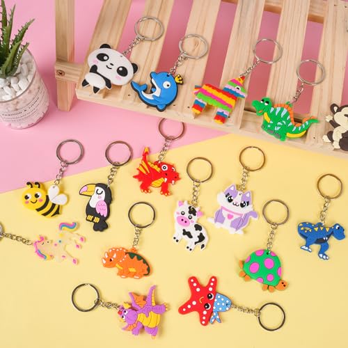 65 Large-Sized Keychain Charms for Kids Party Favors – Assorted Themes Like Video Game, Animal, Mermaid & More – Soft Rubber, BPA Free, Goodie Bag Fillers