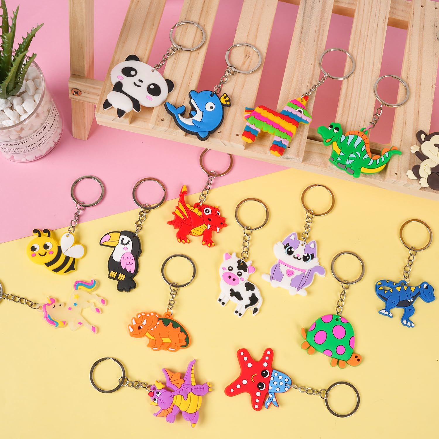 65 Large-Sized Keychain Charms for Kids Party Favors – Assorted Themes Like Video Game, Animal, Mermaid & More – Soft Rubber, BPA Free, Goodie Bag Fillers