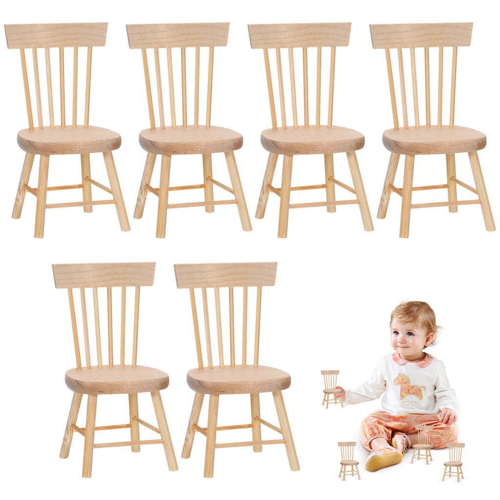 6PCS 1:12 Scale Wooden Dollhouse Chairs – Tiny Mini Furniture for Fairy Garden, Photography Props, and Christmas Party Decor (1.6in x 3.2in)