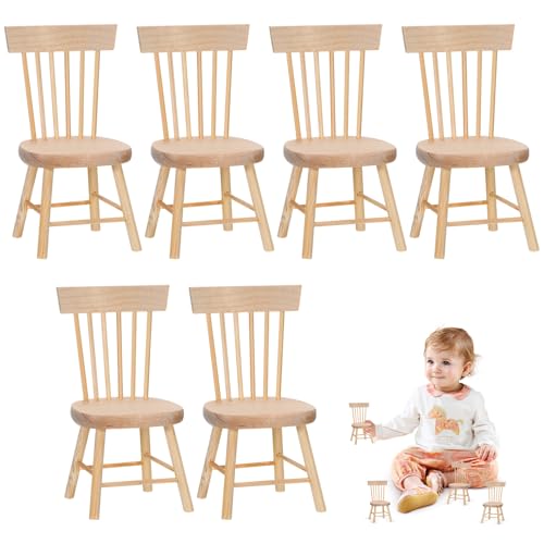 6PCS 1:12 Scale Wooden Dollhouse Chairs – Tiny Mini Furniture for Fairy Garden, Photography Props, and Christmas Party Decor (1.6in x 3.2in)