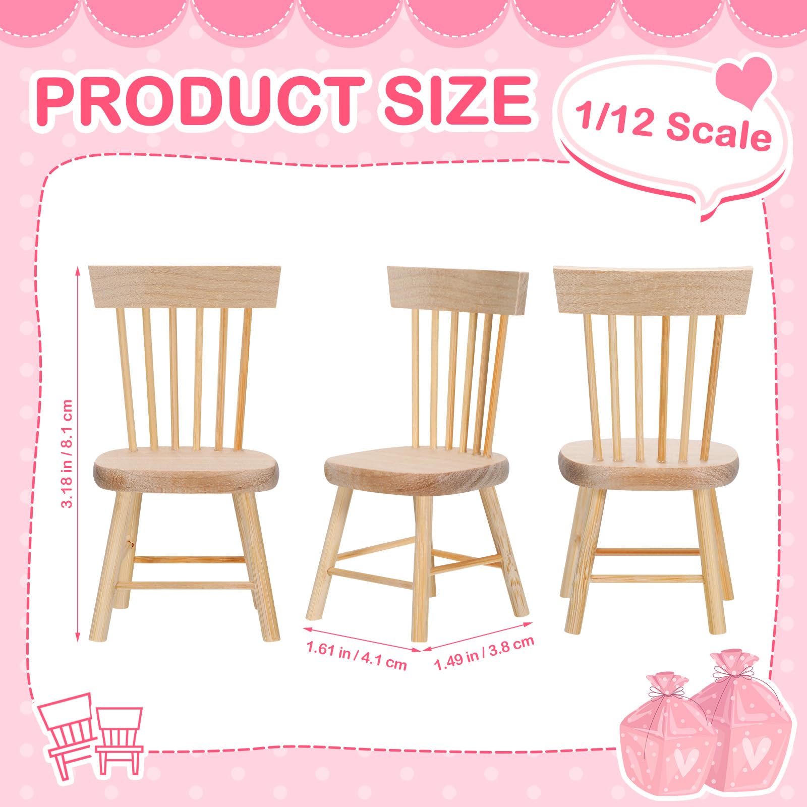 6PCS 1:12 Scale Wooden Dollhouse Chairs – Tiny Mini Furniture for Fairy Garden, Photography Props, and Christmas Party Decor (1.6in x 3.2in)