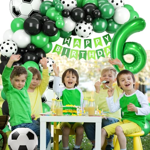 6th Birthday Soccer Balloon Arch Kit – Green Number 6 Foil Balloon & Latex Football Balloons for Boys Soccer Party Decorations
