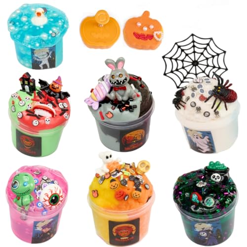 7-Pack Halloween Slime Kit: Cloud Butter Clear Slime Set with Spooky Add-ins for Kids