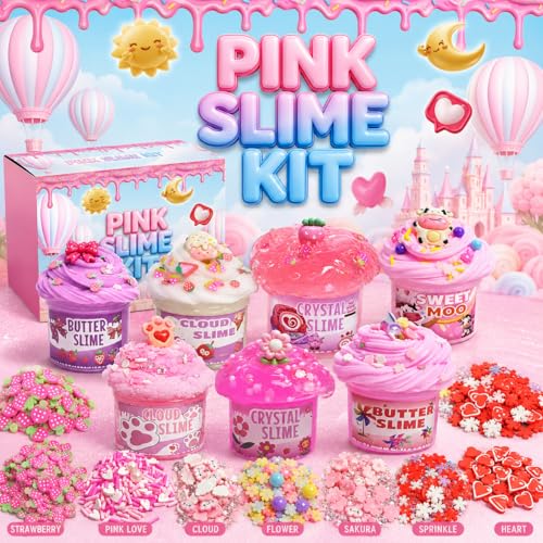7-Pack Pink Slime Kit for Kids | Butter, Cloud & Crunchy Slimes | Non-Sticky & Soft | OPLDYRK