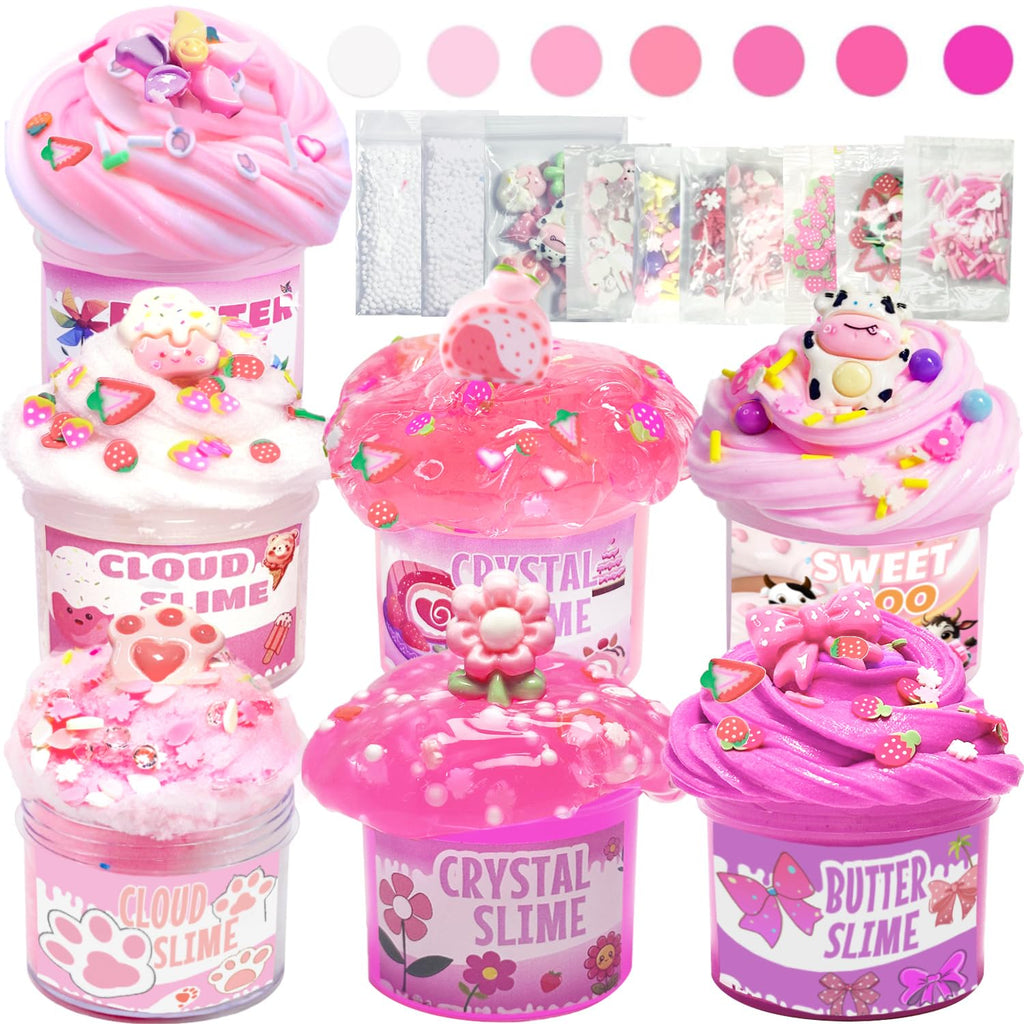 7-Pack Pink Slime Kit for Kids | Butter, Cloud & Crunchy Slimes | Non-Sticky & Soft | OPLDYRK