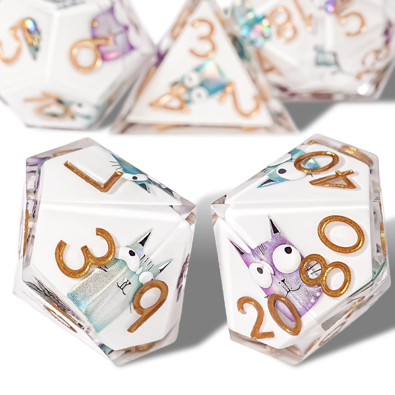 7-Piece Cat-Themed Resin DND Dice Set – Sharp Edge Polyhedral Dice with Box & Bag for D&D RPG MTG
