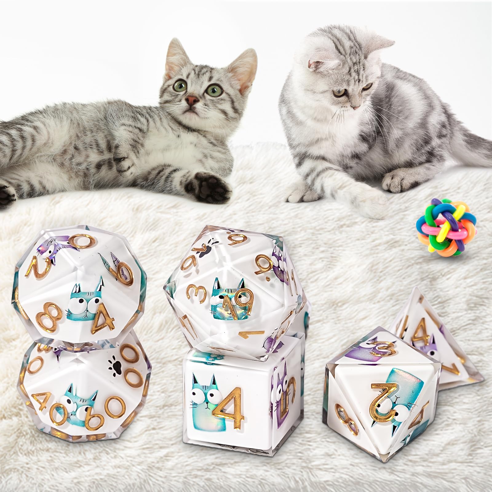 7-Piece Cat-Themed Resin DND Dice Set – Sharp Edge Polyhedral Dice with Box & Bag for D&D RPG MTG