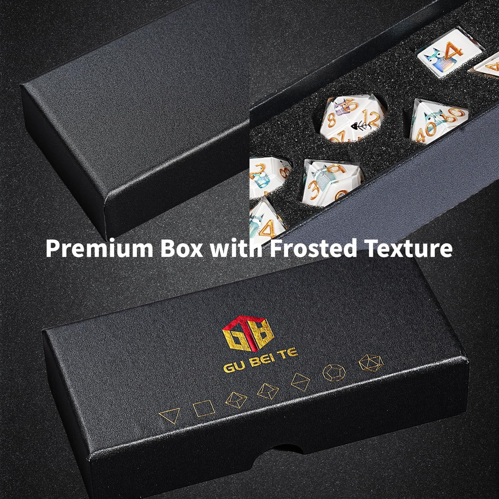 7-Piece Cat-Themed Resin DND Dice Set – Sharp Edge Polyhedral Dice with Box & Bag for D&D RPG MTG