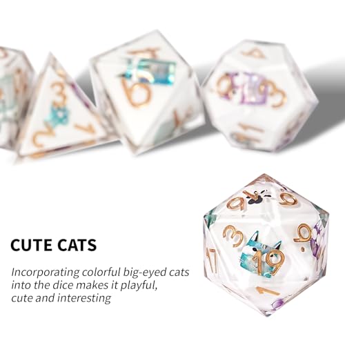 7-Piece Cat-Themed Resin DND Dice Set – Sharp Edge Polyhedral Dice with Box & Bag for D&D RPG MTG