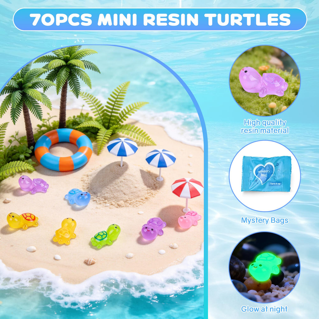 70-Piece Glow-in-the-Dark Mini Resin Turtle Collection – Blind Bag Surprise Figures for Fairy Gardens, Dollhouses, and Crafts