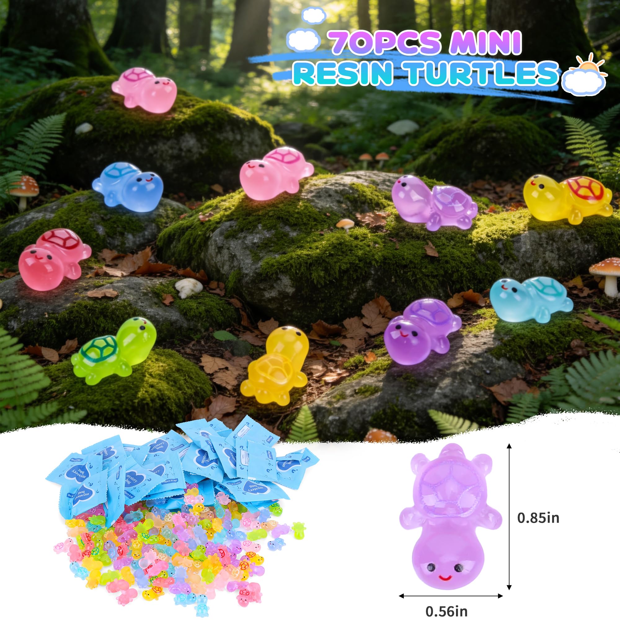 70-Piece Glow-in-the-Dark Mini Resin Turtle Collection – Blind Bag Surprise Figures for Fairy Gardens, Dollhouses, and Crafts