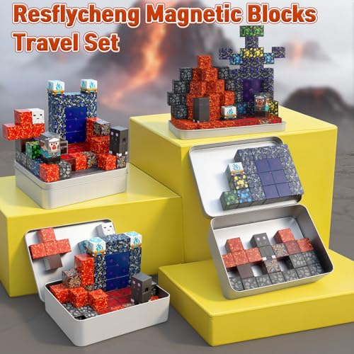 70-Piece Magnetic Building Blocks Travel Toy for Kids Ages 3-8, Lava Portal Mini Magnet Cubes with Iron Storage Box, STEM Learning Set for Toddlers Boys Girls