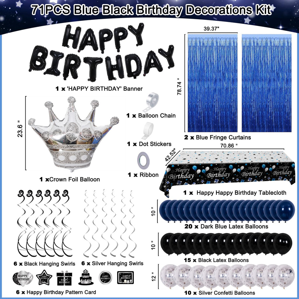 71-Piece Blue & Black Birthday Party Decorations Kit for Boys, Men, Women – Purtarly