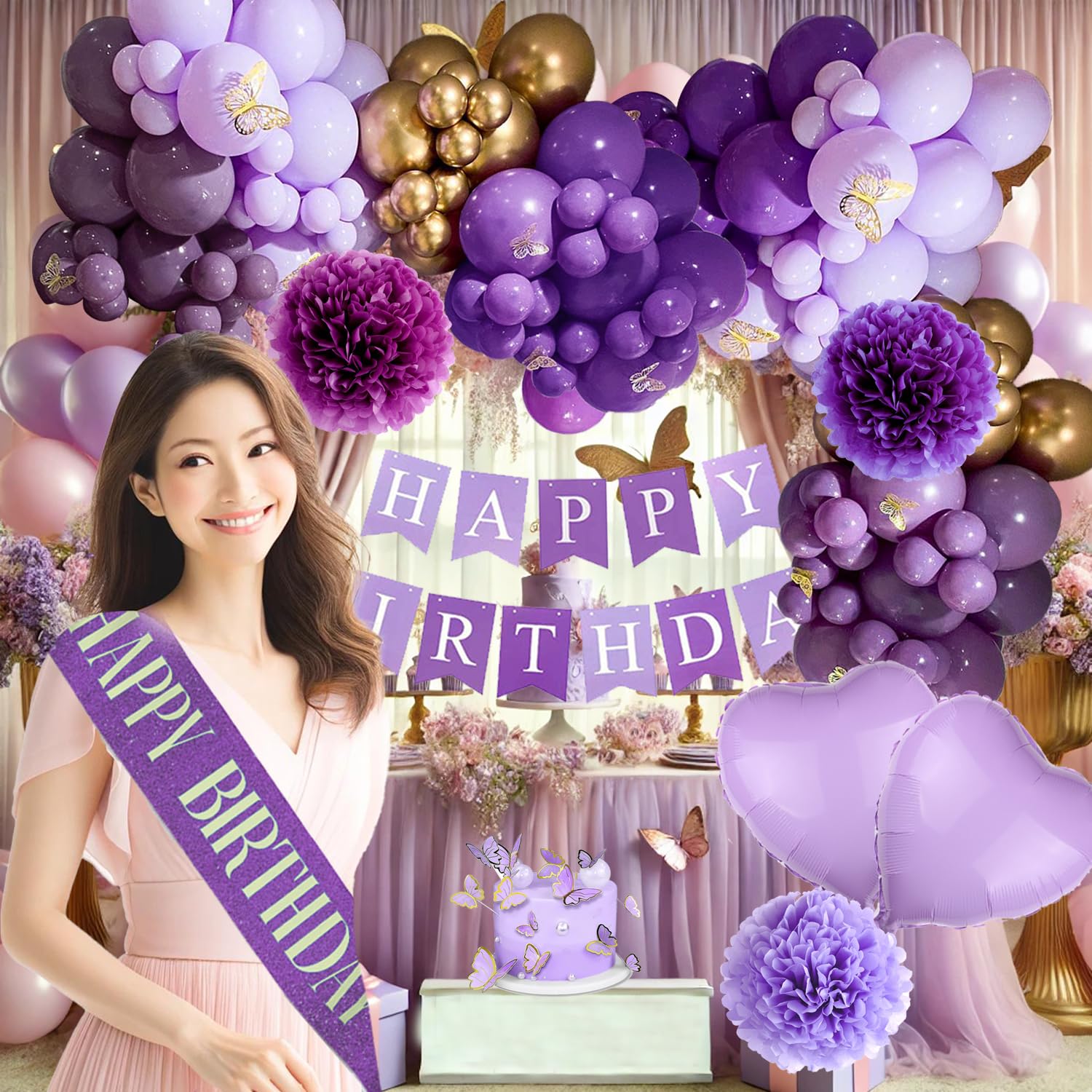 71-Piece Purple Birthday Decorations Set - Lavender & Gold Party Supplies for Women