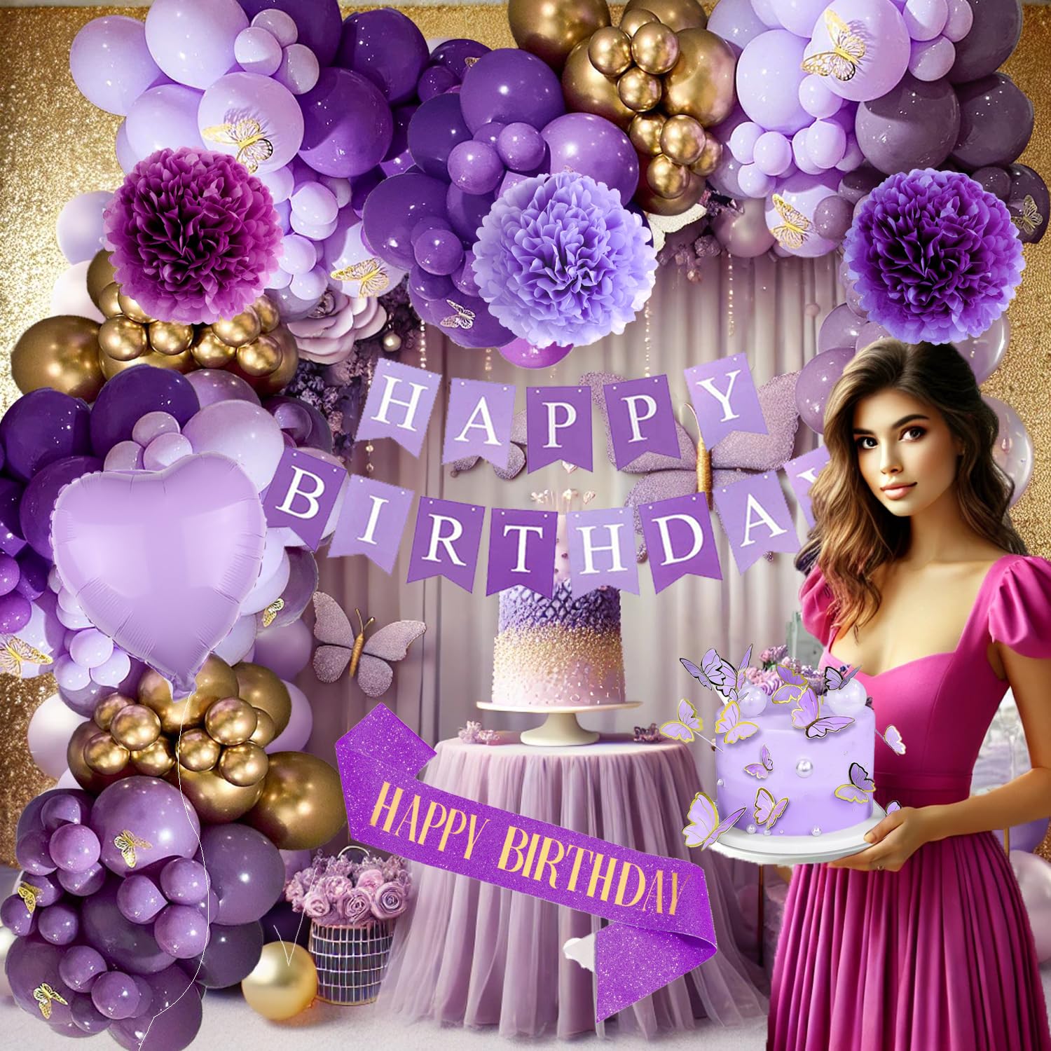 71-Piece Purple Birthday Decorations Set - Lavender & Gold Party Supplies for Women